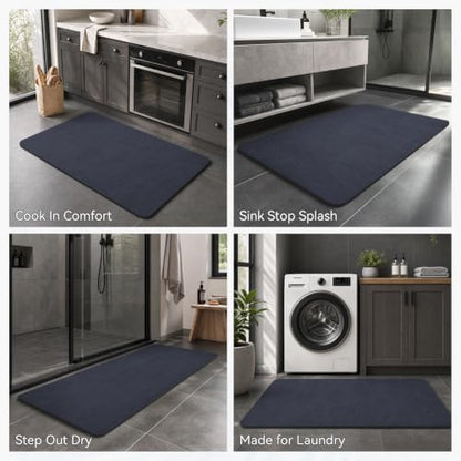 MontVoo -Bath Mat Rug-Rubber Backing Non Slip Quick Dry Absorbent Thin Bathroom Rugs Fit Under Door-Faux Suede Surface Bathroom Floor Mats-Shower Rug for in Front of Bathtub Shower Navy 17"x27.5"