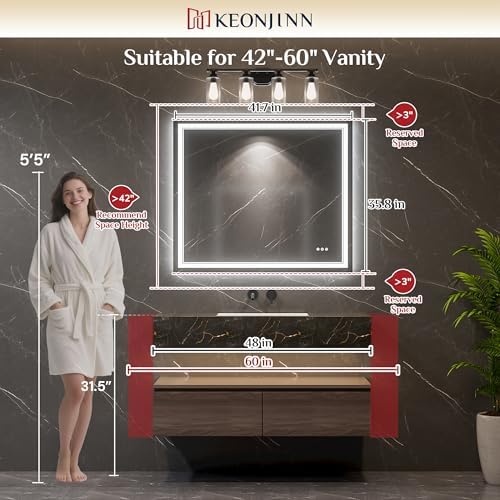 Keonjinn 42 x 36 Inch Lighted Mirrors for Bathroom Wall, Bluetooth Speaker