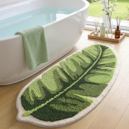 LUMI Cute Bathroom Rug Green Leaf, Absorbent Non Slip Bath Mat, 19.5"x39.5"