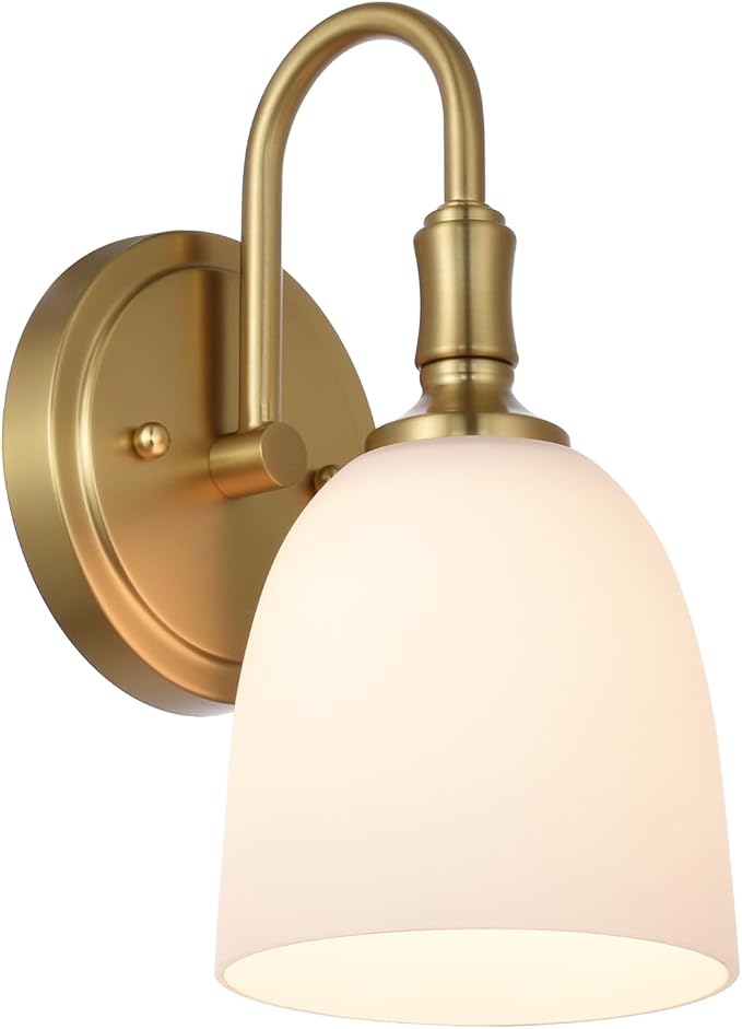 Gold Vintage Traditional 1-Light Indoor Wall Sconce with Frosted Glass Bathroom Bedroom Hallway, 10.6" H x 5.3" W, Aged Brass