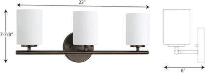 Progress Lighting Replay Collection 3 Light Bathroom Vanity Light, Modern Bath Lighting Fixture with Etched White Glass Shades for Over the Mirror, Reversible Mounting, Antique Bronze