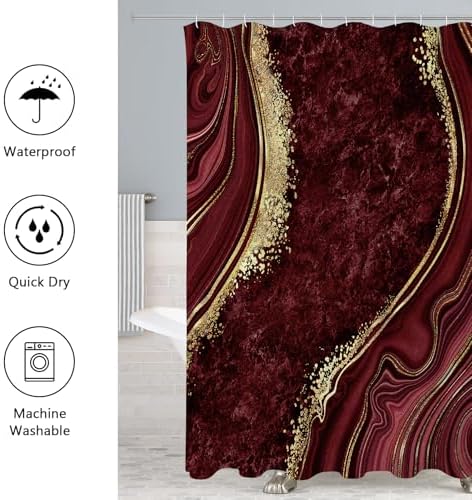 Gibelle 4 Pcs Luxury Marble Shower Curtain Set with Non-Slip Rugs, Toilet Lid Cover and Bath Mat, Gold Foil Red Bathroom Decor Set with Shower Curtain and Rugs and Accessories