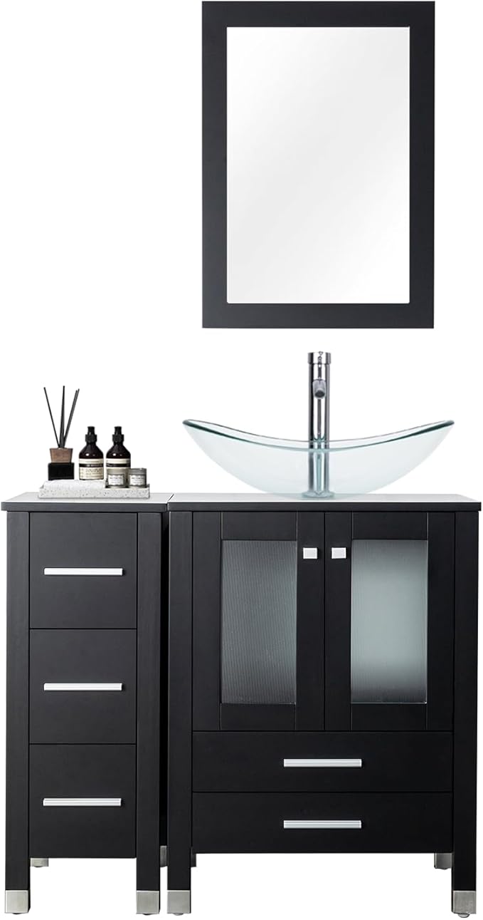 LUCKWIND 36" Bathroom Vanity Combo with Sink, 24"+12.6" Width, Painted Bathroom Storage Cabinet with 5 Drawers, Including Clear Boat Sink Without Mirror, Black