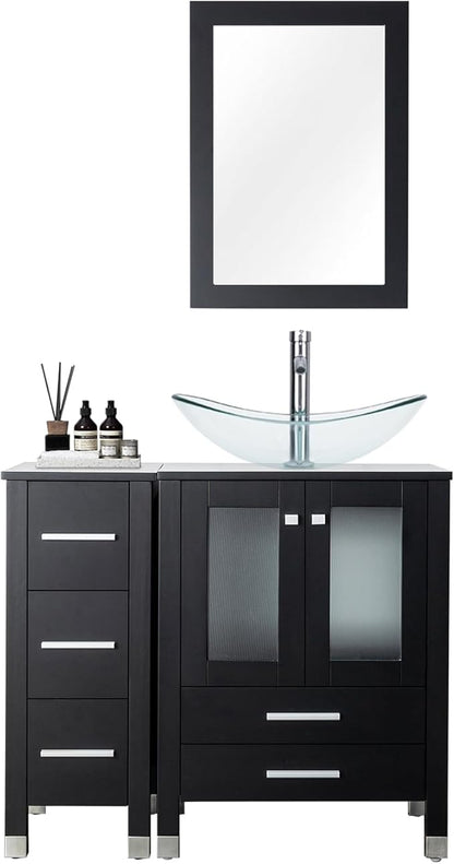 LUCKWIND 36" Bathroom Vanity Combo with Sink, 24"+12.6" Width, Painted Bathroom Storage Cabinet with 5 Drawers, Including Clear Boat Sink Without Mirror, Black