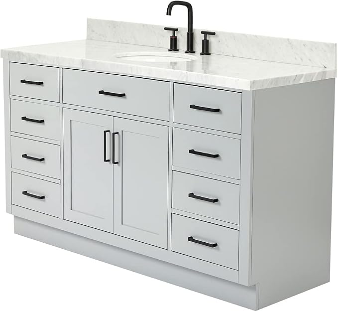 ARIEL Hepburn 60-inch Bathroom Vanity with Sink,Solid Wood, 1.5-inch Carbon Black Quartz Countertop, Single Rectangular Porcelain Sink, Soft Closing Doors, Dovetail Drawers, Grey