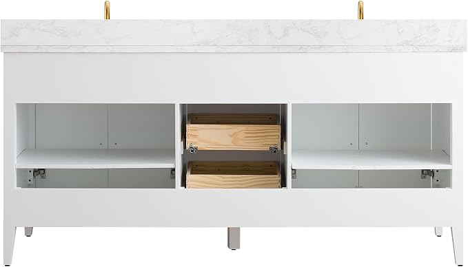 Vanity Art 72 inch Bathroom Vanity with Double Sink & Ceramic Top, Vanity Cabinet with Soft-Closing Doors, Drawers, Solid Wood Frame, White, Golden Brushed Handware