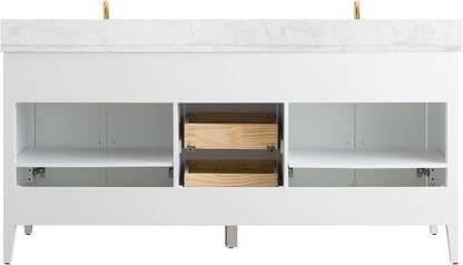 Vanity Art 72 inch Bathroom Vanity with Double Sink & Ceramic Top, Vanity Cabinet with Soft-Closing Doors, Drawers, Solid Wood Frame, White, Golden Brushed Handware