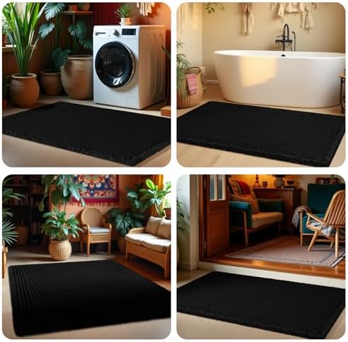 IM HOME Extra Large Waffle Bath Mat, Boho Bathroom Rugs Absorbent Non Slip, Ultra Soft Bathroom Mat, Machine Washable Knit Bath Rugs with Herringbones for Bathroom, Bedroom, Kitchen, 6'x2', Black