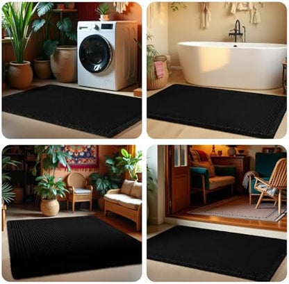IM HOME Extra Large Waffle Bath Mat, Boho Bathroom Rugs Absorbent Non Slip, Ultra Soft Bathroom Mat, Machine Washable Knit Bath Rugs with Herringbones for Bathroom, Bedroom, Kitchen, 6'x2', Black
