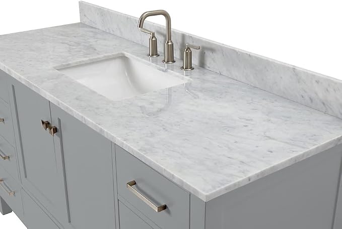 ARIEL Cambridge 60-inch Bathroom Vanity with Sink,Solid Wood, 0.75-inch Italian Carrara Marble Countertop, Single Rectangular Porcelain Sink, 2 Soft Closing Doors, 9 Dovetail Drawers, Grey