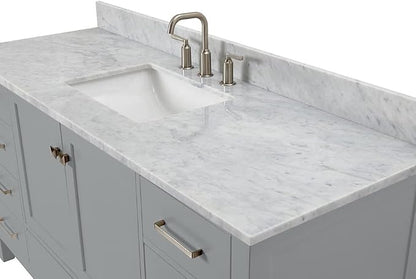 ARIEL Cambridge 60-inch Bathroom Vanity with Sink,Solid Wood, 0.75-inch Italian Carrara Marble Countertop, Single Rectangular Porcelain Sink, 2 Soft Closing Doors, 9 Dovetail Drawers, Grey