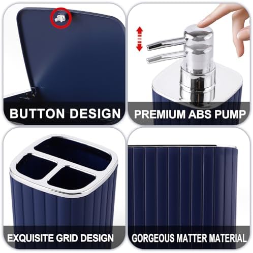 XLHOMO Bathroom Set with Shower Curtain and Rugs- 25PC Bathroom Accessory Set, Navy Blue Shower Curtain Set, Toilet Brush, Trash Can, Qtip Holder & Soap Dispenser