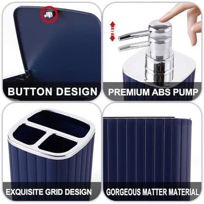 XLHOMO Navy Blue Bathroom Accessories Set - Gorgeous Bathroom Set, 10PC Bathroom Accessory Set, Toilet Brush, Trash Can, Qtip Holder & Soap Dispenser