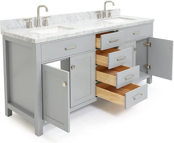 ARIEL Bristol 73" Grey Double Vanity, 1.5" Edge Italian Carrara Marble Countertop & Splash, Rectangular Sinks, 2 Soft Closing Doors, 4 Full Extension Dovetail Drawers, Polished Chrome