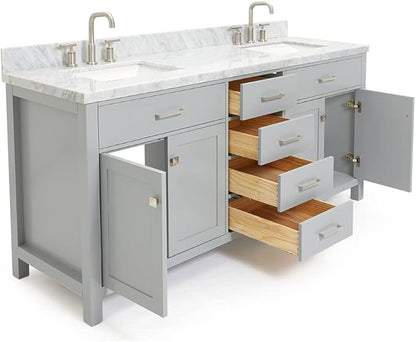 ARIEL Bristol 73" Grey Double Vanity, 1.5" Edge Italian Carrara Marble Countertop & Splash, Rectangular Sinks, 2 Soft Closing Doors, 4 Full Extension Dovetail Drawers, Polished Chrome