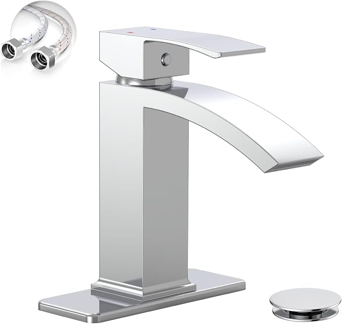 Chrome Waterfall Bathroom Faucet for 1 or 3 Holes, Brass | Single Handle Bathroom Sink Faucets for Lavatory Commercial Vanity, Basin Taps with Deck Plate, Pop Up Drain and Supply Line