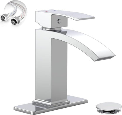Chrome Waterfall Bathroom Faucet for 1 or 3 Holes, Brass | Single Handle Bathroom Sink Faucets for Lavatory Commercial Vanity, Basin Taps with Deck Plate, Pop Up Drain and Supply Line