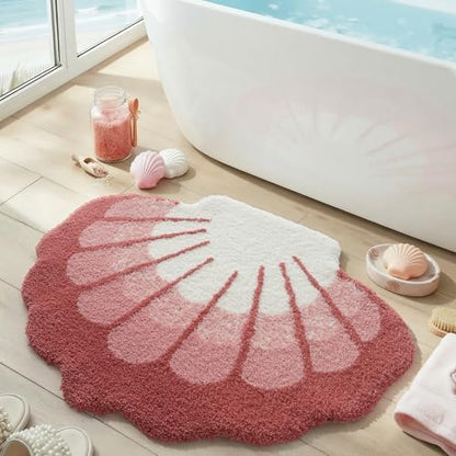 DEXI Cute Seashell Bath Mat, Coastal Scallop Bathroom Rug, 31x24 Pink