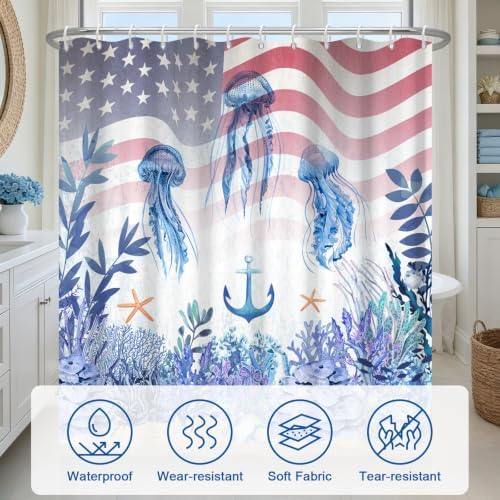 Machine Washable Underwater Jellyfish Ocean Shower Curtain with 12 Hooks