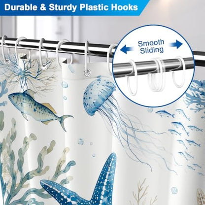 Ocean Style Navy Washable Shower Curtain with Weighted Bottom and 12 Hooks