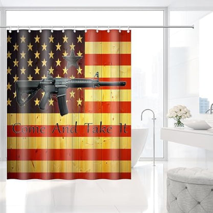 Come And Take It Rustic Wood US Flag Shower Curtain with Hooks 72 x 72 Inch