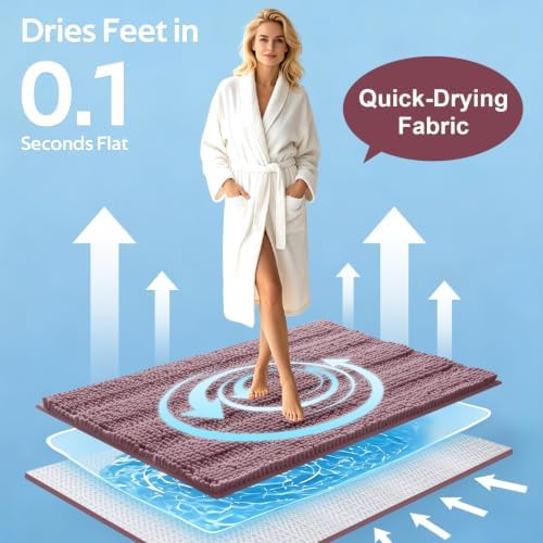 Striped Mauve Bathroom Rug Set 3 Pieces Ultra Soft, Non Slip Chenille Bath Carpet, Absorbent Plush Shaggy Bath Mats for Bathroom, Toilet, Bedroom, Kitchen