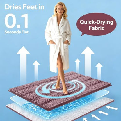 Striped Mauve Bathroom Rug Set 3 Pieces Ultra Soft, Non Slip Chenille Bath Carpet, Absorbent Plush Shaggy Bath Mats for Bathroom, Toilet, Bedroom, Kitchen