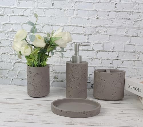 Hymmah Meteorites Bathroom Accessories Set,Farmhouse Bathroom Decor,4 Pcs Resin Gift Set Apartment Necessities, Contain Cotton Swab Jar,Soap Dispenser,Tumbler，Soap Dish/Tray