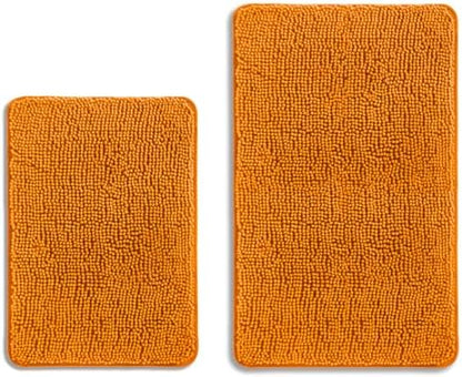 Flame Orange Bathroom Rugs Sets 2 Piece – Absorbent and Washable Bath Mat, Non-Slip, Thick Soft Chenille Bath Rugs for Bathroom Floor, Shower, Sink - 17" x 24"+20" x 32"