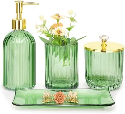 Haturi Glass Bathroom Accessories Set, Green Bathroom Set, 4 Pcs