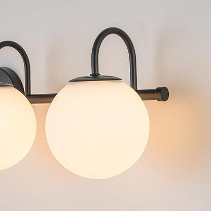Globe Vanity Light, 31" Modern Gold Bathroom Light Fixtures Mid-Century Milk Glass Vanity Light 4-Light Wall Sconce Black | Mid-Century Milk Glass Vanity Light, Wall Sconce for Bathroom Hallway, Ceramic E12 Base, Dimmable, Up/Down Mounting Design