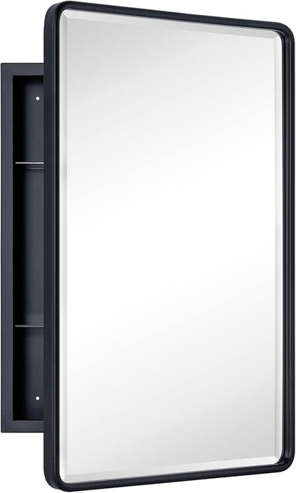 TEHOME Surface Mount 16x24 Black Bathroom Medicine Cabinet with Mirror Matt Black Metal Framed Rounded Rectangle Medicine Cabinet with Beveled Mirror