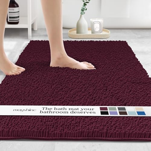 MAYSHINE Plush Shaggy Chenille Bath Mat | Extra Soft, Super Absorbent, Non-Slip Bathroom Rug | Fluffy Microfiber, Area Rug Sets for Bathroom Floor, Kitchen, Living Room | 47"x27" | Burgundy
