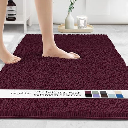 MAYSHINE Plush Shaggy Chenille Bath Mat | Extra Soft, Super Absorbent, Non-Slip Bathroom Rug | Fluffy Microfiber, Area Rug Sets for Bathroom Floor, Kitchen, Living Room | 59"x31" | Burgundy