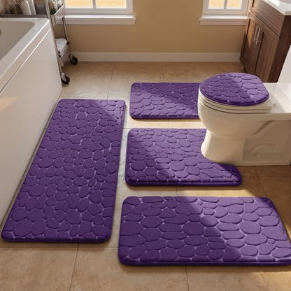 YIHOUSE Bathroom Rugs Mat Set, Memory Foam Bath Mat 5 Piece Purple