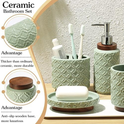 RQYIXI Ceramic Bathroom Accessories Set,Sage Green,4 Piece,Embossed Design