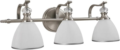Bathroom Light Fixture, 3-Light Bathroom Vanity Light Brushed Nickel, Vintage Wall Sconce with Hand-Painted Frosted Lampshade, Wall Lamp in Silver Finish for Bedroom, Living Room, Restroom