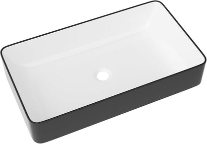 Bathroom Vessel Sink Ceramic Art Basin Above Counter White and Black | 24x13.58 Inch Rectangular Bathroom Sink Porcelain Vessel Vanity Sink
