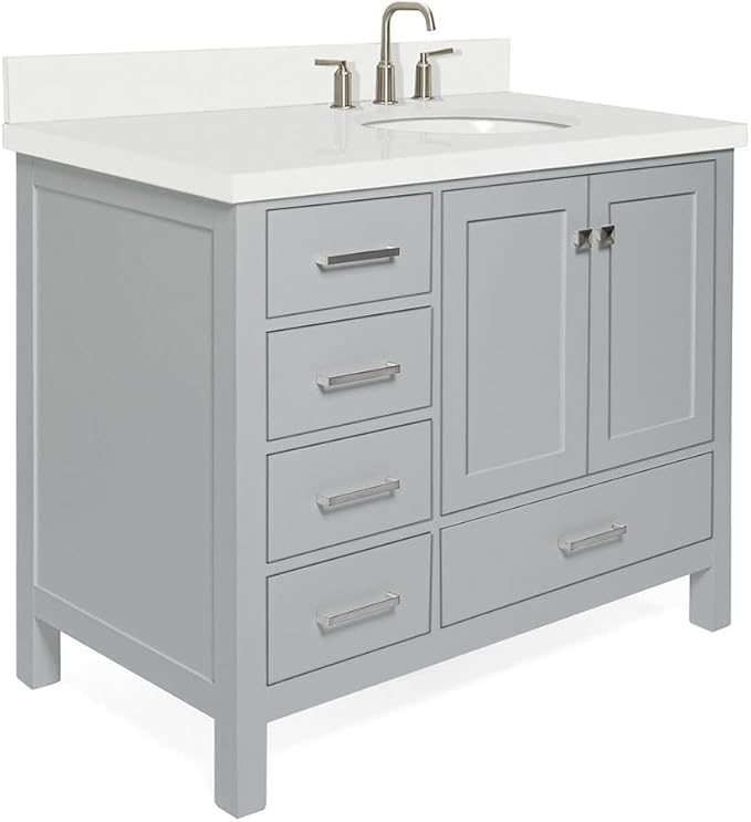 ARIEL Cambridge 42-inch Bathroom Vanity with Sink,Solid Wood, 1.5-inch Pure White Quartz Countertop & Backsplash, Single Oval Porcelain Sink, 2 Soft Closing Doors, 5 Dovetail Drawers, Grey
