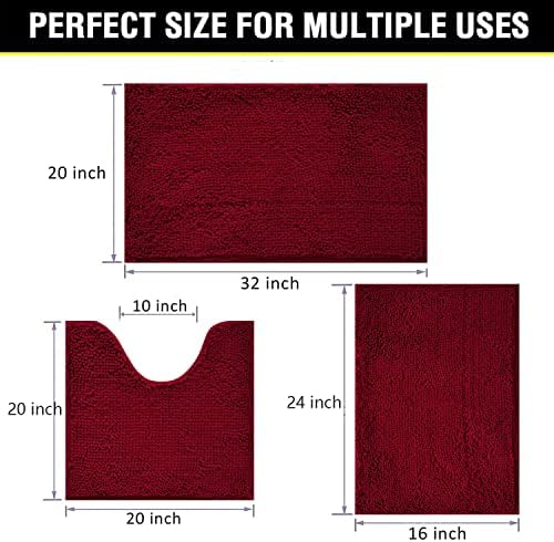 Bathroom Rugs Chenille 3-Piece Extra Soft and Absorbent Shag Bathroom Rugs, Machine Wash Mat, Strong PVC Non-Slip Underside, Plush Carpet Mats (Burgundy)