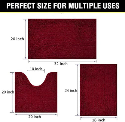 Bathroom Rugs Chenille 3-Piece Extra Soft and Absorbent Shag Bathroom Rugs, Machine Wash Mat, Strong PVC Non-Slip Underside, Plush Carpet Mats (Burgundy)
