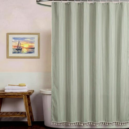 HunnmingRe Sage Green Farmhouse Striped Shower Curtain Tasseled 72x72 Inch