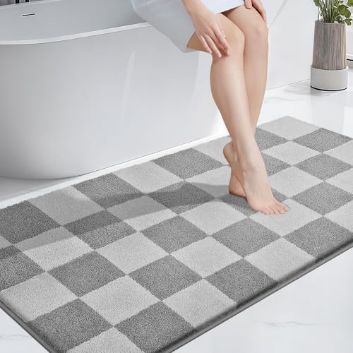 PURRUGS Bathroom Rug Non-Slip Machine Washable 30" x 60", Super Absorbent and Quick-Dry Bath Mat, Extra Soft and Plush Bath Rug for Shower, Bathtub and Sink, Light Grey & Grey
