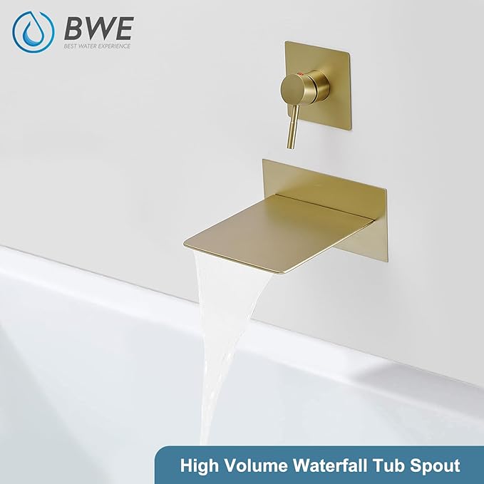 BWE Brushed Gold Wall Mount Tub Faucet with Waterfall Tub Spout Wall Mounted Bathtub Faucet Modern Single Handle Tub Filler Shower Faucet Set