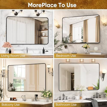 Antok 40x30 Black Metal Framed Bathroom Mirror, Wall Mirror with Round Corners, Vanity Mirror for Over Sink, Anti-Rust Tempered Glass, Horizontal/Vertical Hanging for Bathroom, Living Room, Entryway