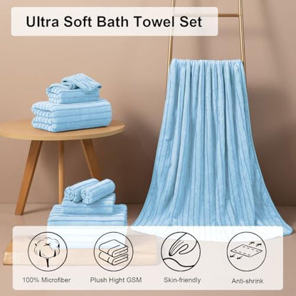 8 Pcs Blue Cabana Stripe Bath Sheet Set Oversized Bath Towel-2 Bathroom Sheets,2 Hand Towels,4 Washcloths Soft Jumbo Towels Absorbent Shower Towel Quick Dry Beach Chair Towel Spa Gym Hotel Towels