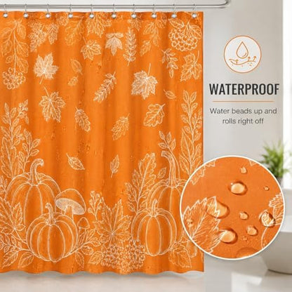 Fall Shower Curtain, Orange Pumpkin Maple Leaves Botanical Line Art Bathroom Curtain, Autumn Harvest Farmhouse Waterproof Polyester Fabric Shower Curtain with Hooks, 72x72 Inch