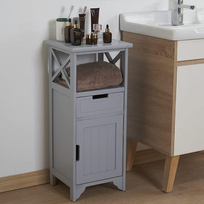 Tall Nightstand with Shelf and Drawer, Narrow End Table with Door for Bathroom Entryway Bedroom Bedroom, Gray | Solid Wood; Fully Assembled; Drawer & Door Storage; Open Shelf; Slim Design; Bathroom Cabinet, Nightstand & Side Table