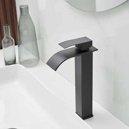 BWE Black Vessel Sink Faucet Single Handle Single Hole Stainless Steel Bathroom Faucet with Waterfall Spout Sink Faucet Lavatory Vanity Deck Mount Mixer Tap