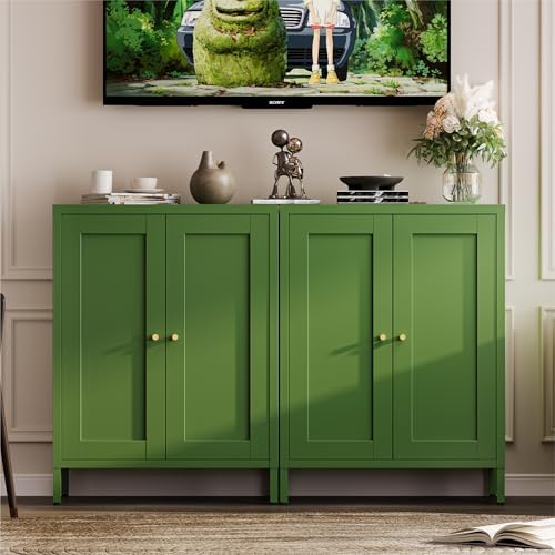 YAUWOH Small Metal Cabinet, Storage Cabinet with 2 Adjustable Shelves and 2 Doors,Freestanding Sideboard for Small Spaces, Living Room, Home Office, Dining Room(1PC,Forest Green)